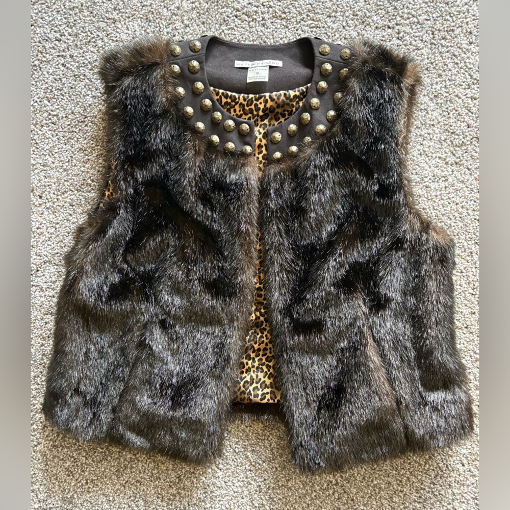 Peter Nygard Brown Faux Fur Vest with Gold Studs